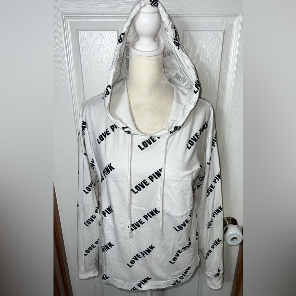 VS PINK Victoria’s Secret Hoodie Sweatshirt Lightweight Graphic White/Black XS